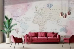 Carta da parati mappamondo mongolfiere rosa