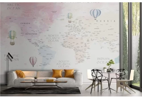 Pink hot air balloon world map wallpaper 2
