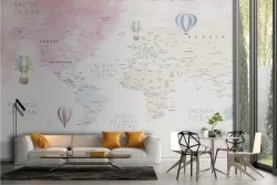 Carta da Parati Adesiva mappamondo mongolfiere rosa