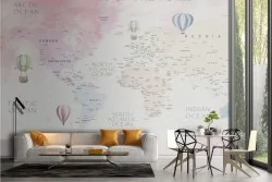 Adhesive Wallpaper Map of the World with Pink Hot Air Balloons