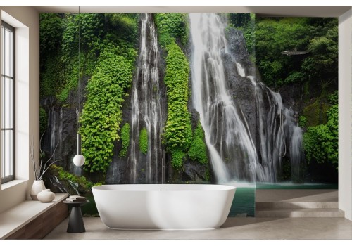 Carta da parati bosco con cascata verde