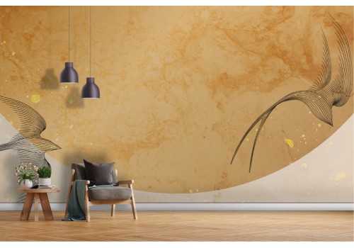 Gold marble wallpaper with stylized birds