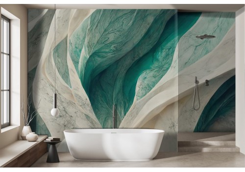 Marble wallpaper with green white 3D waves