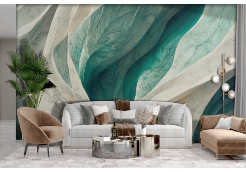Marble wallpaper with green white 3D waves 2