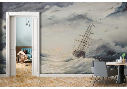 Wallpaper of stormy sea with painted ship
