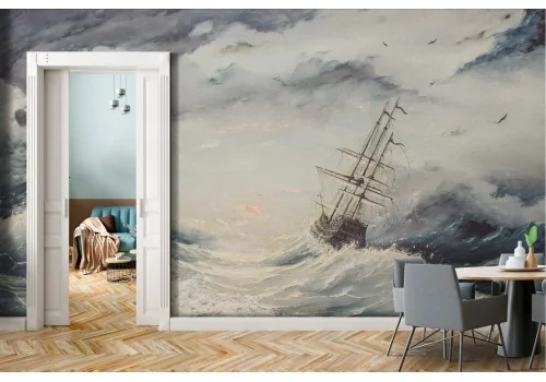 Stormy sea wallpaper with painted ship