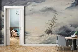Wallpaper of stormy sea with painted ship
