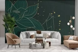 Carta da Parati Adesiva fiori stilizzati oro sfondo scuro