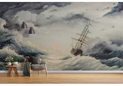 Carta da Parati mare in burrasca con nave dipinto 2