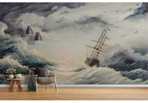Wallpaper of stormy sea with painted ship 2