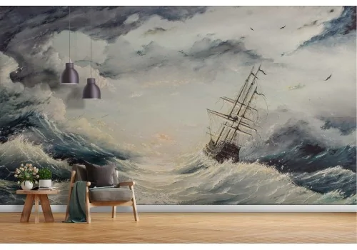 Wallpaper of stormy sea with painted ship 2