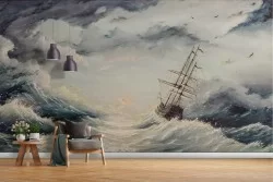 Carta da Parati mare in burrasca con nave dipinto