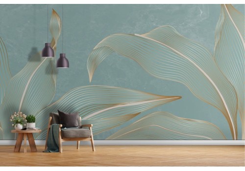 Marble wallpaper with stylized gold leaves