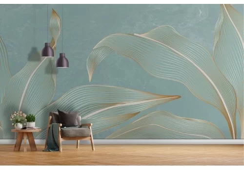 Marble wallpaper with stylized gold leaves