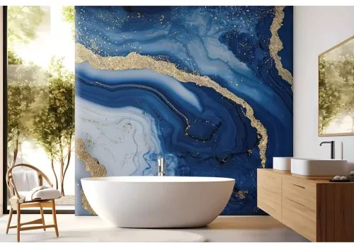 Carta da parati effetto marmo blu e oro