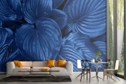Modern blue tropical leaves wallpaper