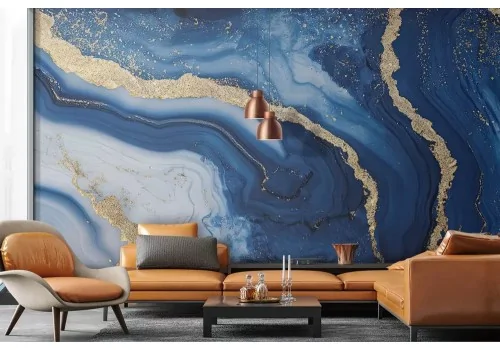 Carta da parati finitura marmo blu e oro 2