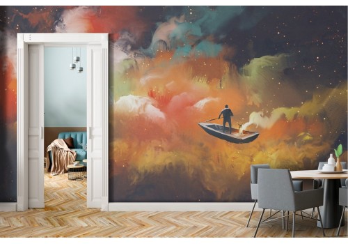 Wallpaper painted man sails universe landscape