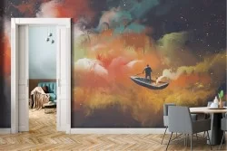 Carta da Parati dipinto uomo naviga universo paesaggio