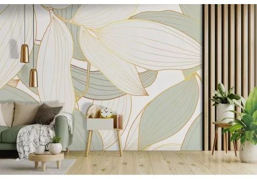 Carta da parati foglie bianche e verdi oro