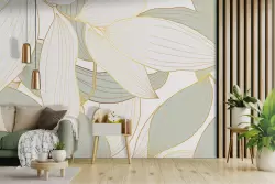 Carta da parati foglie bianche e verdi finiture oro