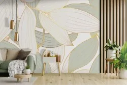 Carta da parati foglie bianche e verdi finiture oro