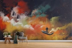 Wallpaper painted man sails universe landscape