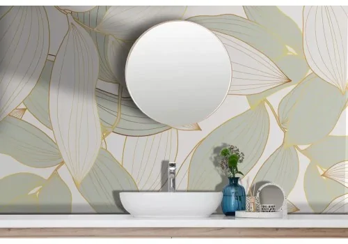 Carta da parati foglie bianche e verdi finiture oro 2