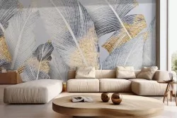 Carta da parati piume blu dorate