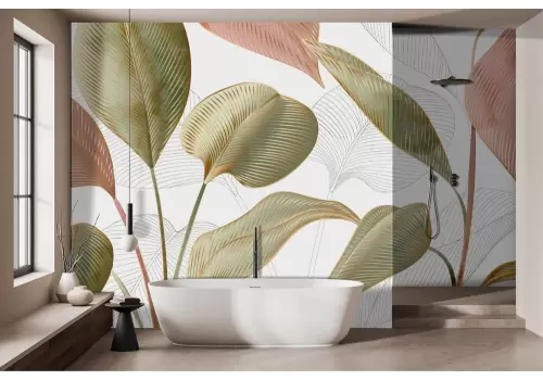 Carta da parati foglie stilizzate finiture oro 2