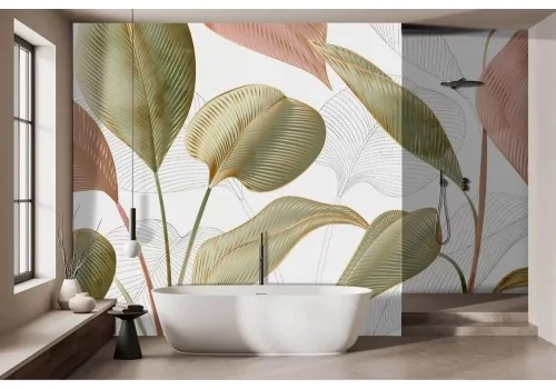 Carta da parati foglie stilizzate finiture oro 2