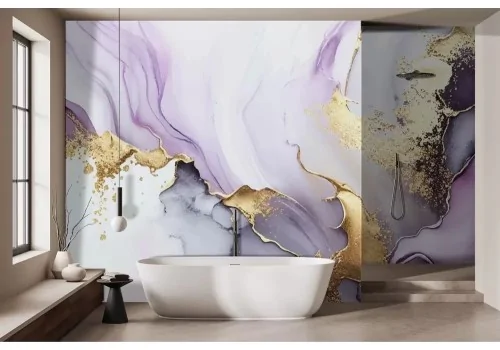 Carta da parati effetto marmo oro e lilla