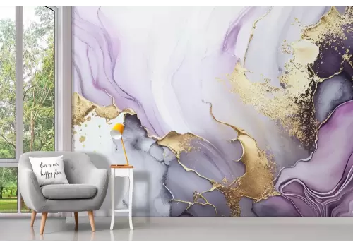 Carta da parati marmo in oro e lilla 2