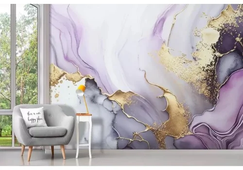Carta da parati marmo in oro e lilla 2
