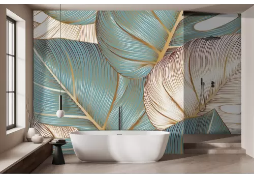 Carta da parati foglie tropicali dorate 2