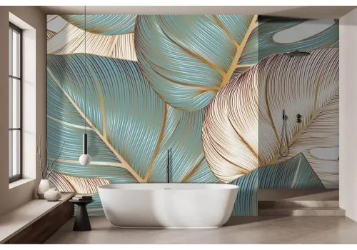 Carta da parati foglie tropicali dorate 2