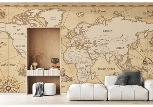 Carta da parati mappamondo con navi e animali del mare 2