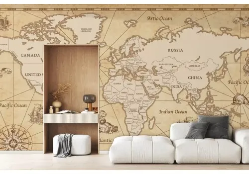 Carta da parati mappamondo con navi e animali del mare 2