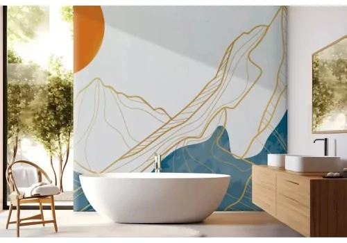 Carta da parati montagne astratte con dettagli oro 2