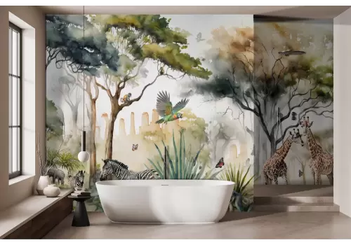 Carta da parati savana con animali acquerello 2