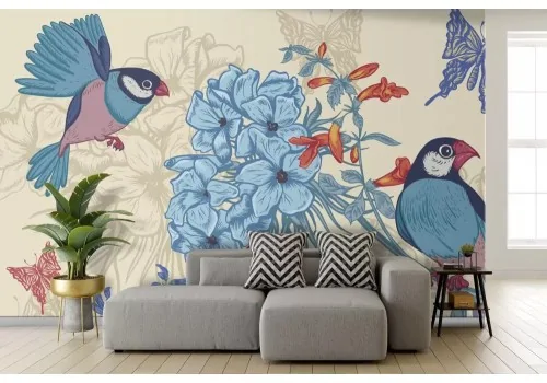 Carta da parati floreale con uccelli