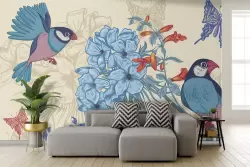 Carta da parati floreale con uccelli