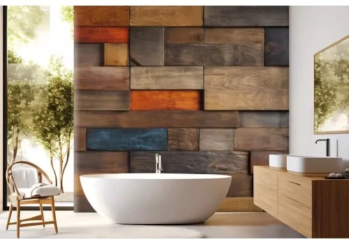 Carta da parati mosaico tasselli in legno 3d 2