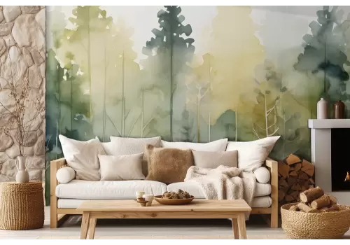 Carta da parati alberi foresta verde stile acquerello