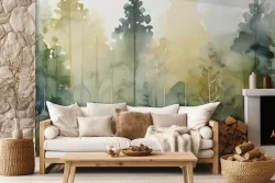 Carta da parati alberi foresta verde stile acquerello