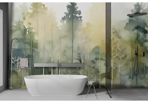 Carta da parati alberi foresta verde stile acquerello 2