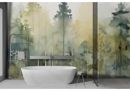 Carta da parati alberi foresta verde stile acquerello 2