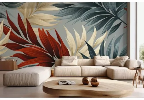Carta da parati foglie tropicali toni neutri
