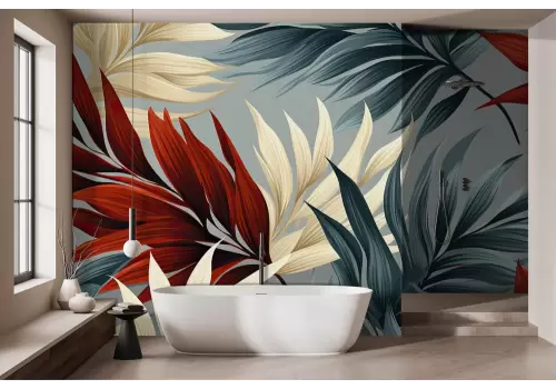 Carta da parati foglie tropicali colori neutri 2