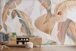 Atmosfera rilassante con colori pastello: carta parati con foglie tropicali